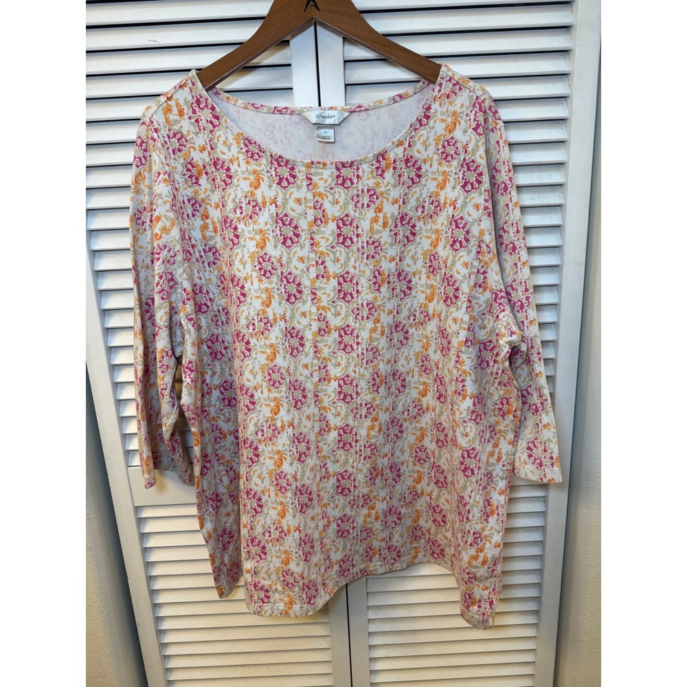 CJ Banks Womens 2X Pink Orange Floral Medallion 3/4 Sleeve Knit Top Scoop Neck